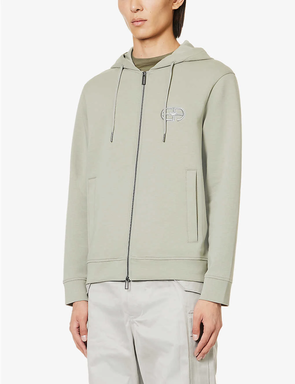 Emporio Armani Brand-embroidered Ribbed-trim Cotton-jersey Hoody - Image 3